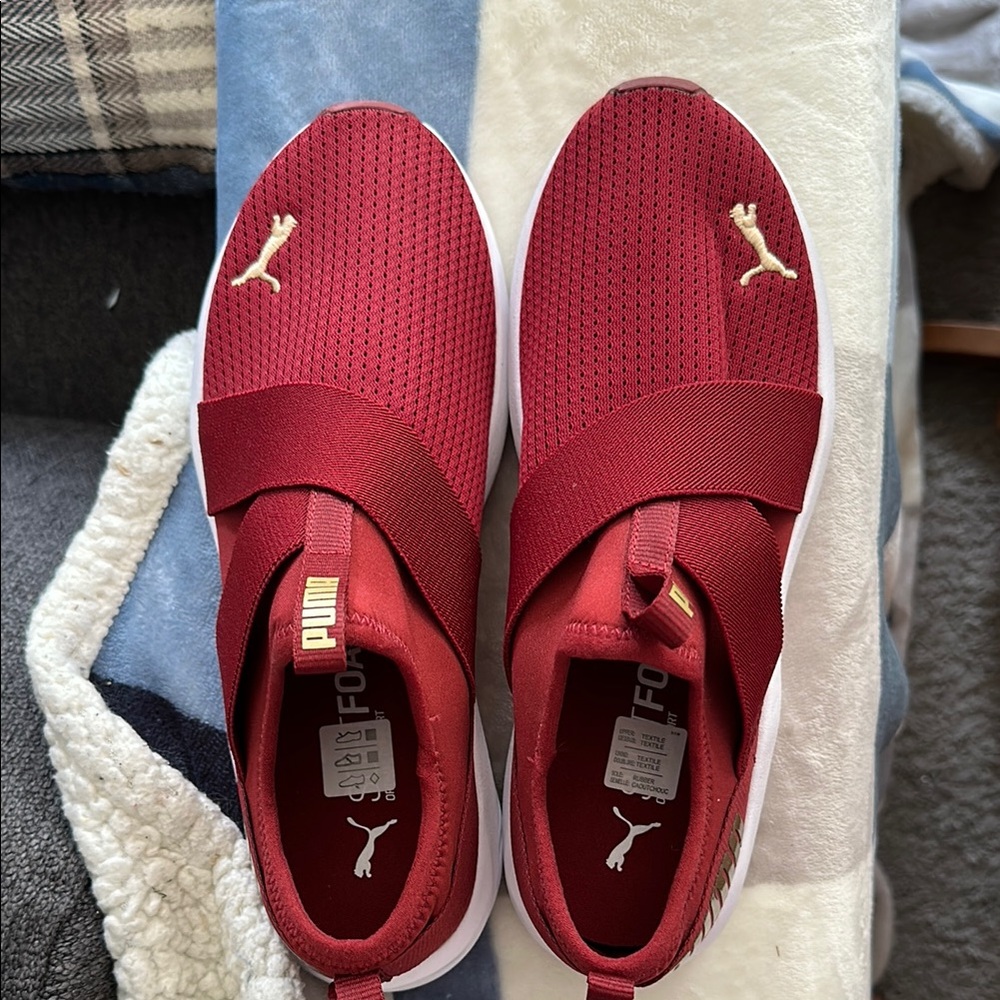 Puma Burgundy Slip-On Shoes with Gold Accents